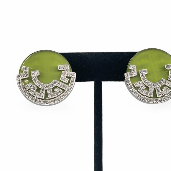 Vintage BUTLER 5th Ave Jade Glass & Pave Rhinestone Silver Tone Clip on Earrings - Picture 3 of 10